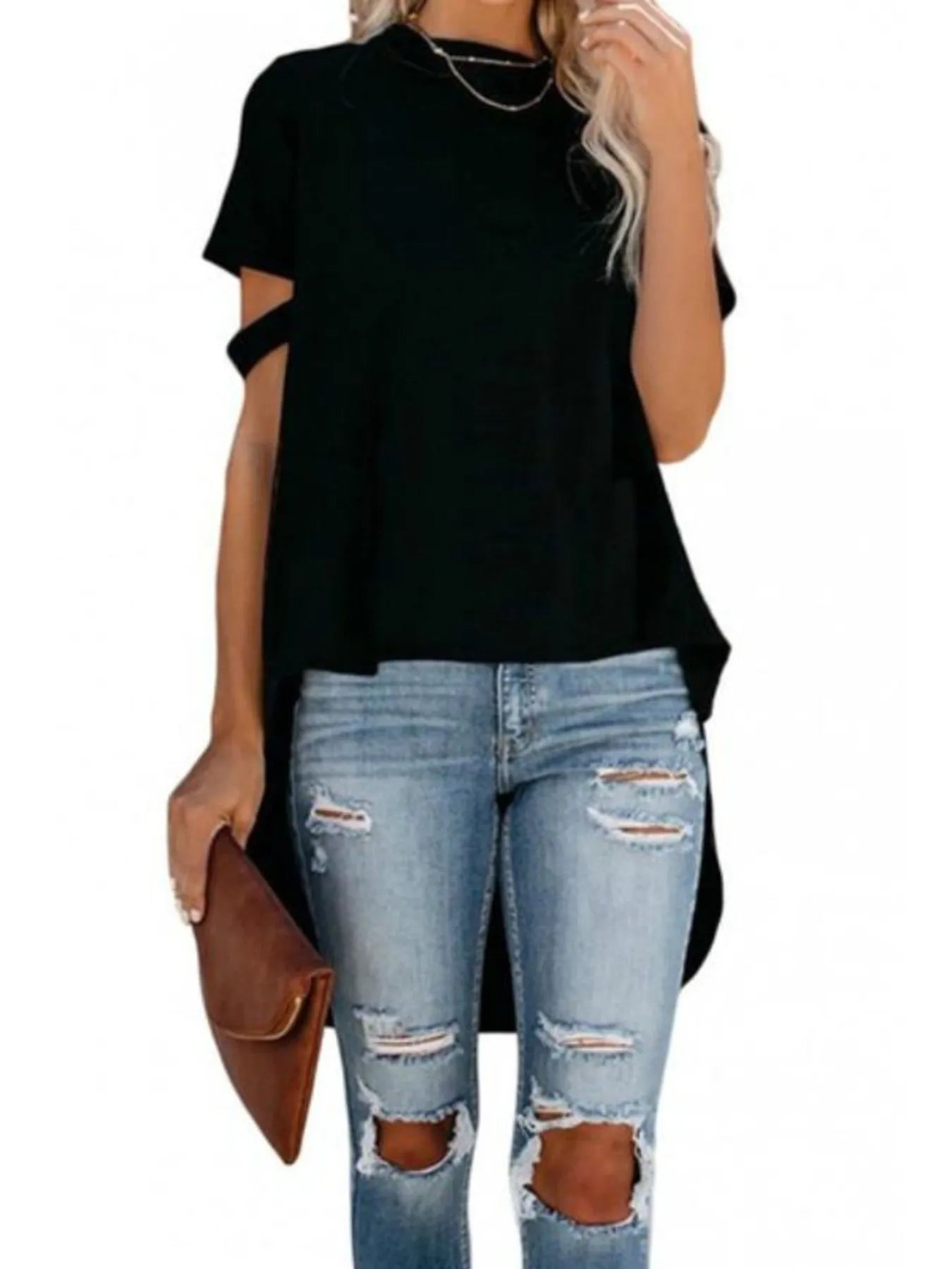 Full Size High-Low Hem Cutout Sleeve T-Shirt Plus Size.
