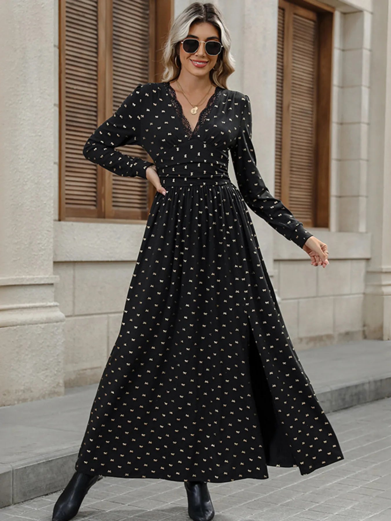 Bow Long Sleeve V-Neck Maxi Dress.