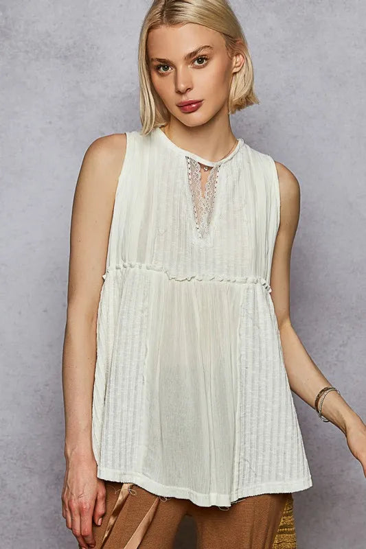 POL Lace Trim Round Neck Tank with Pintuck Detail.