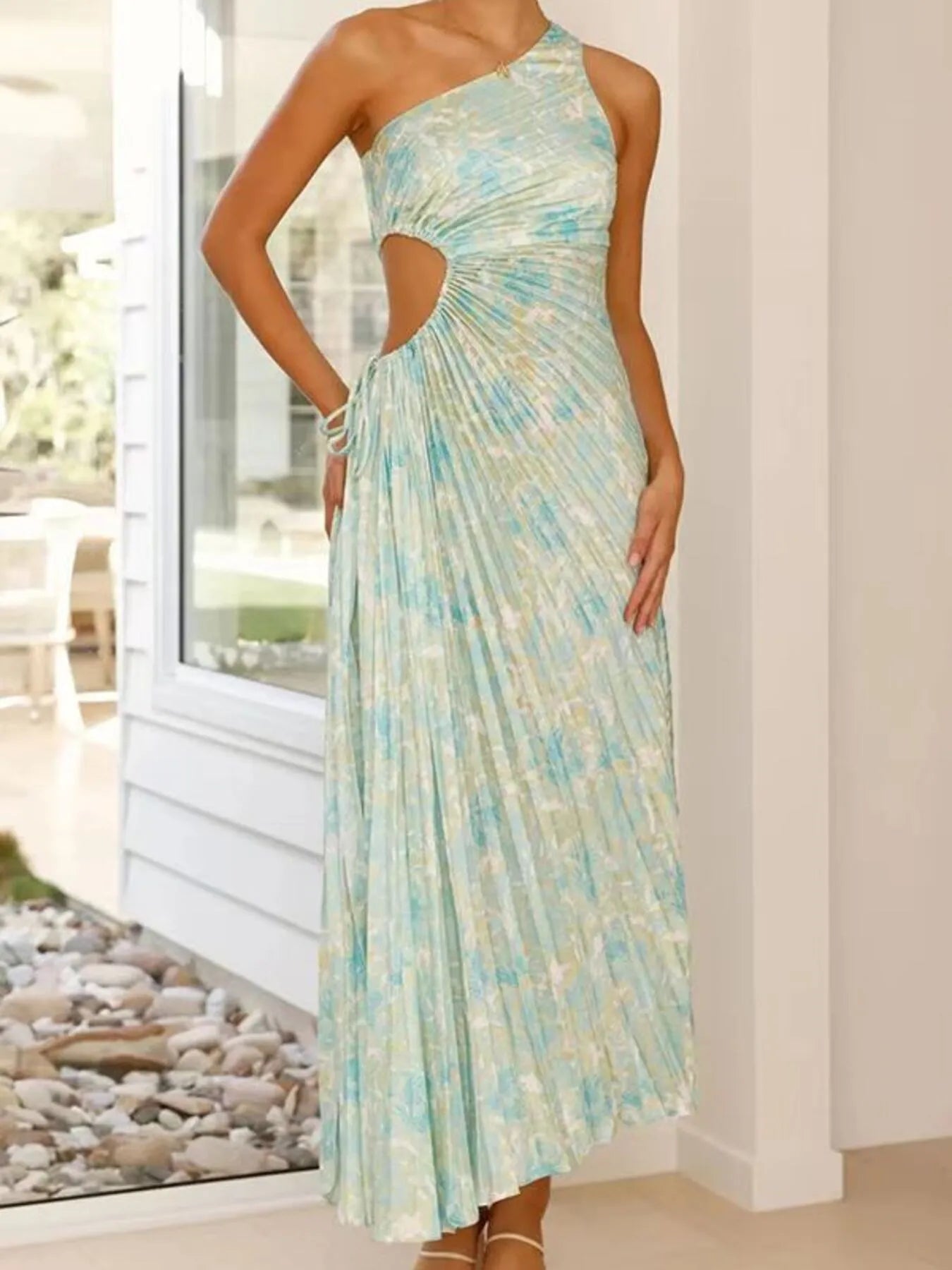 Full Size Single Shoulder Pleated Midi Dress Plus Size.