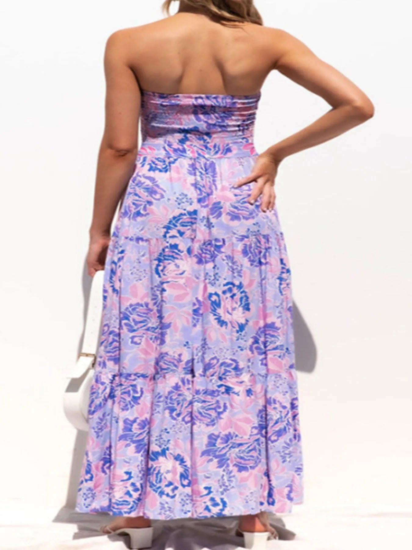 Floral Strapless Tiered Maxi Dress with Tie Belt.