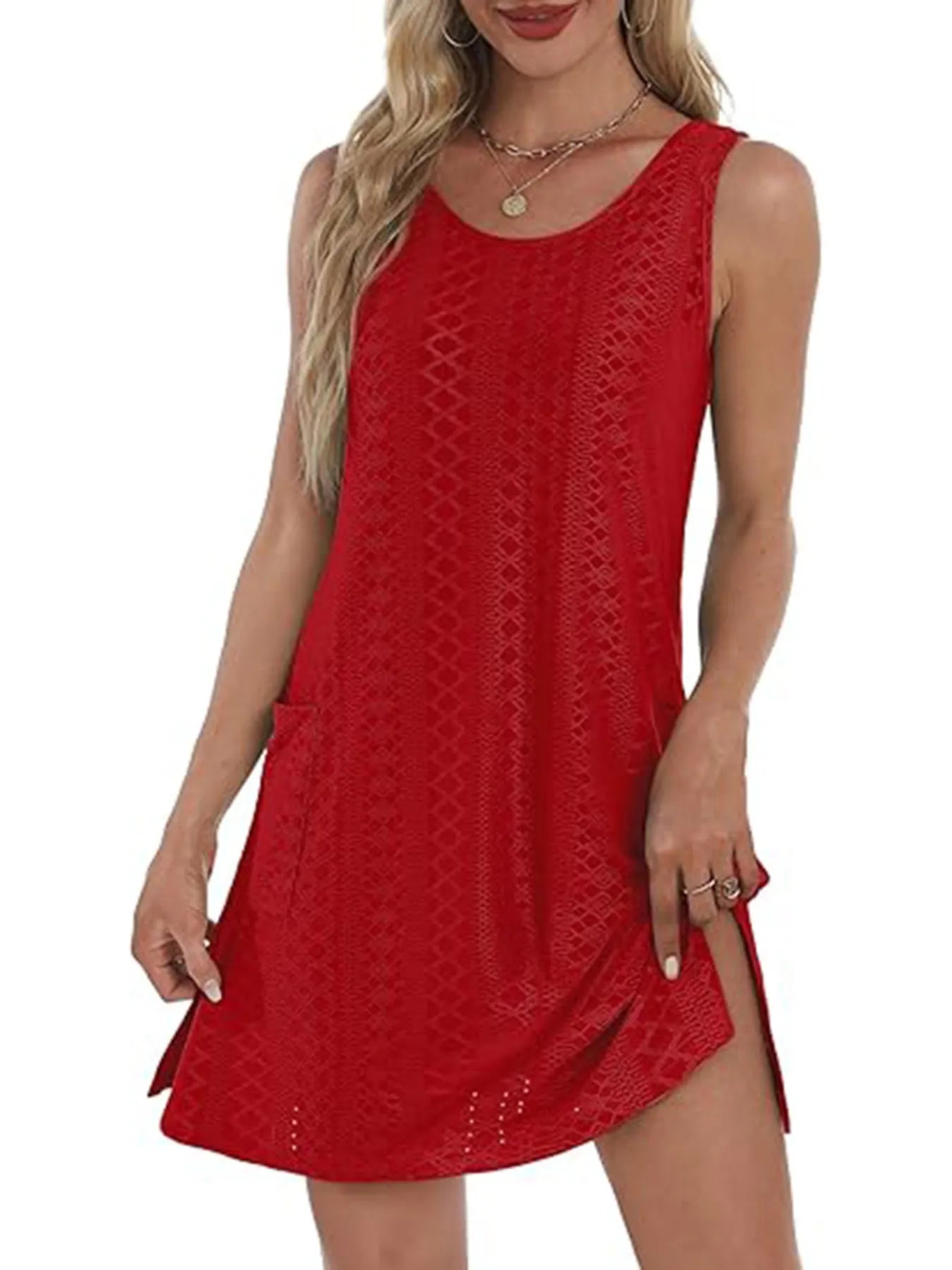 Side Slit Sleeveless Mini Tank Dress.