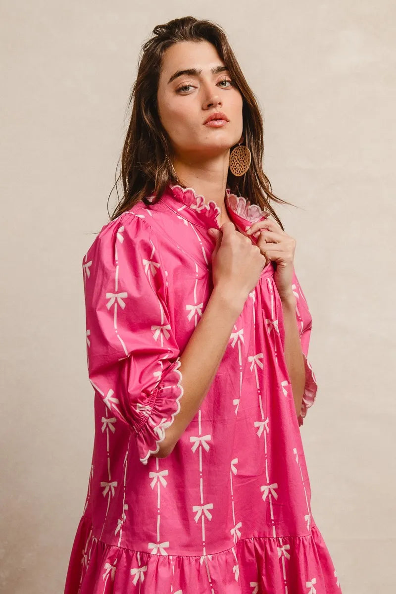 BiBi Ribbon Patterns With Scallops Edge Details Short Sleeve Dress Trendsi