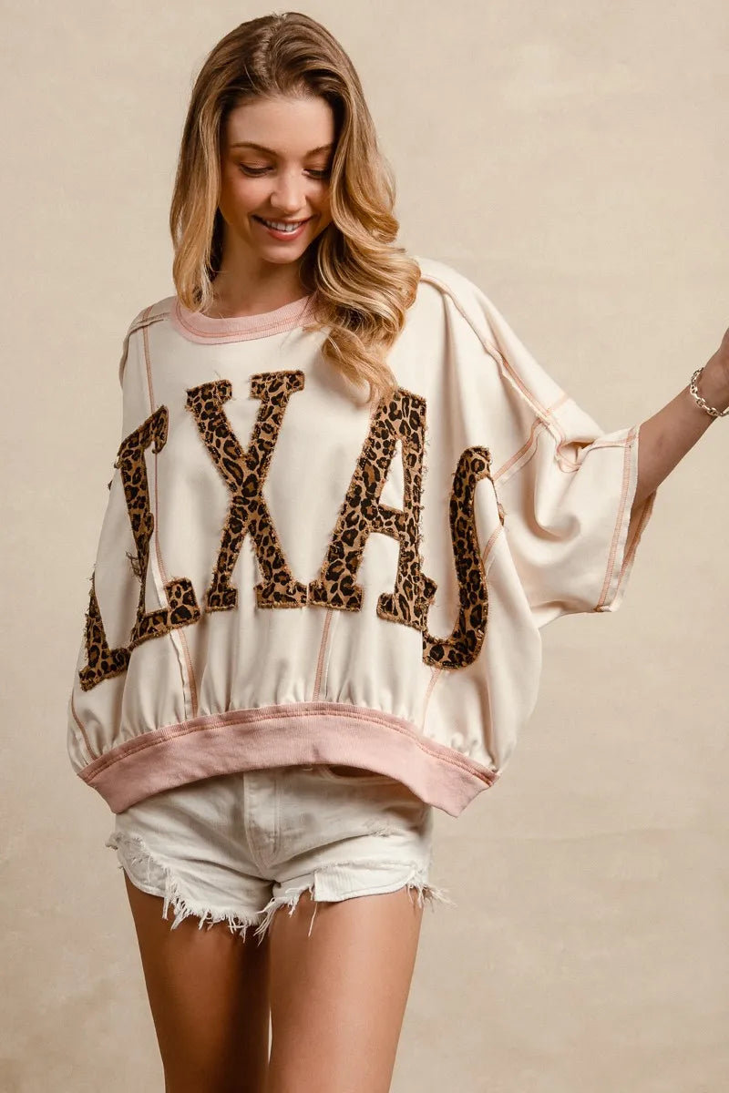 BiBi Leopard Print Texas Patchwork Overlock Stitch Top Trendsi