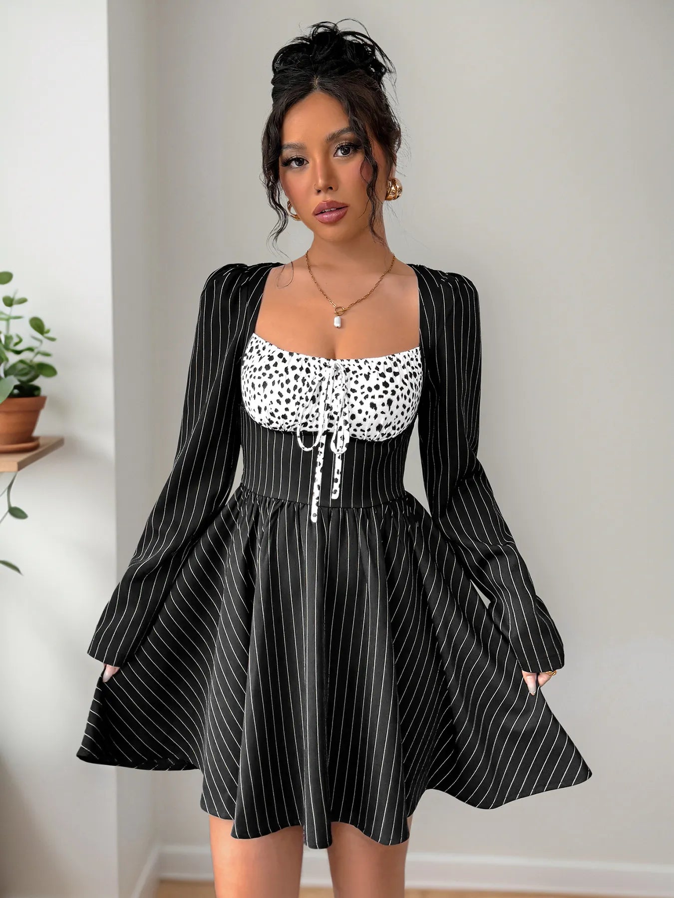 Striped Long Sleeve Mini Dress.