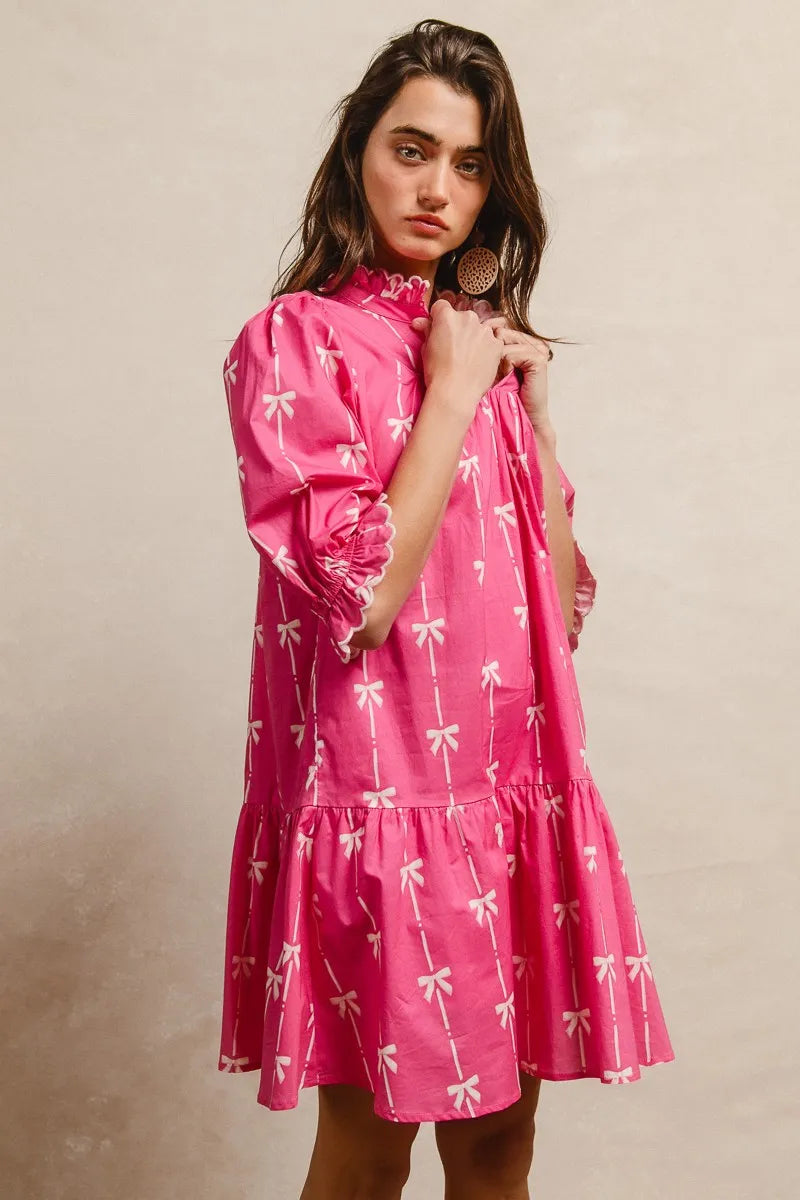 BiBi Ribbon Patterns With Scallops Edge Details Short Sleeve Dress Trendsi