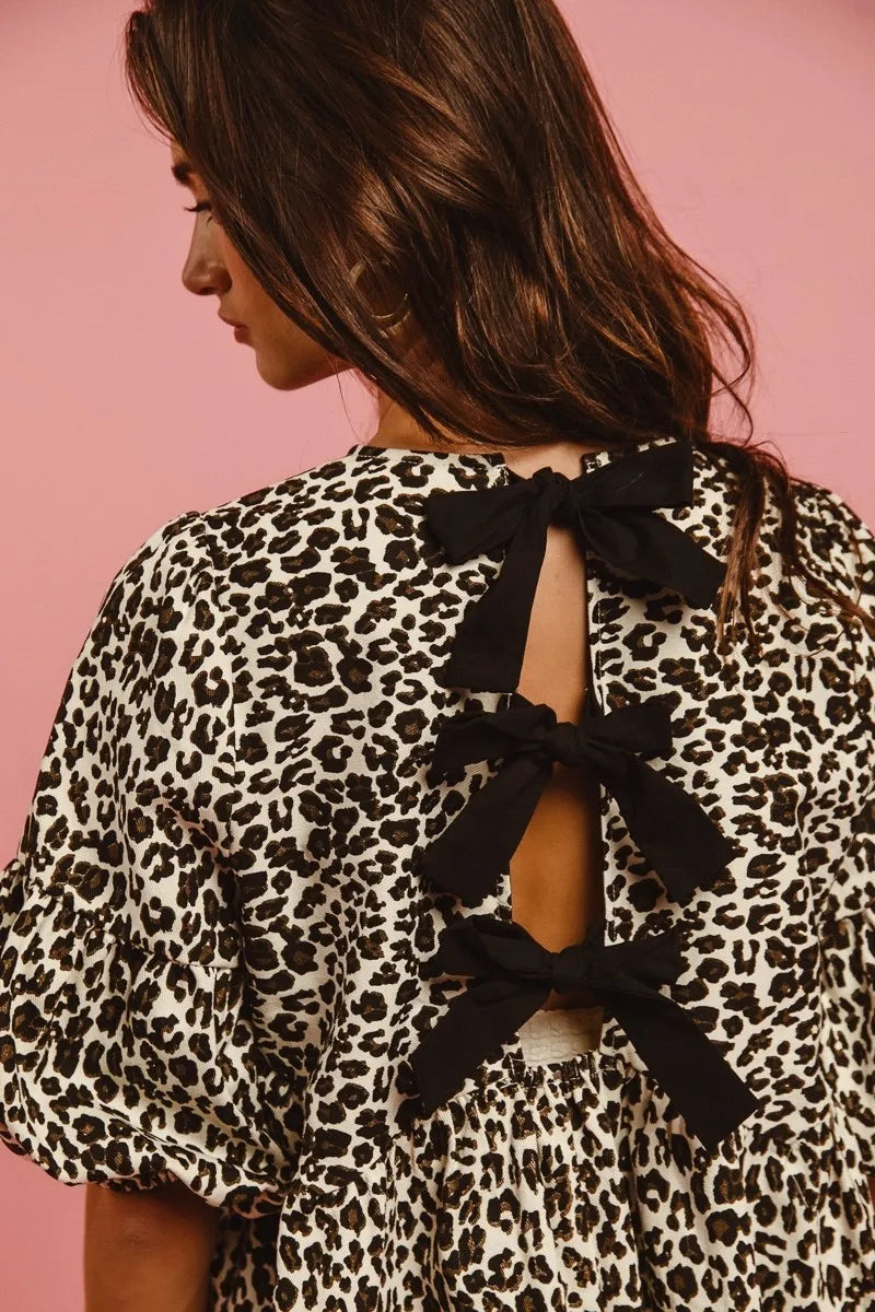 BiBi Leopard Denim Dress With Back Contrast Tie Detail Trendsi
