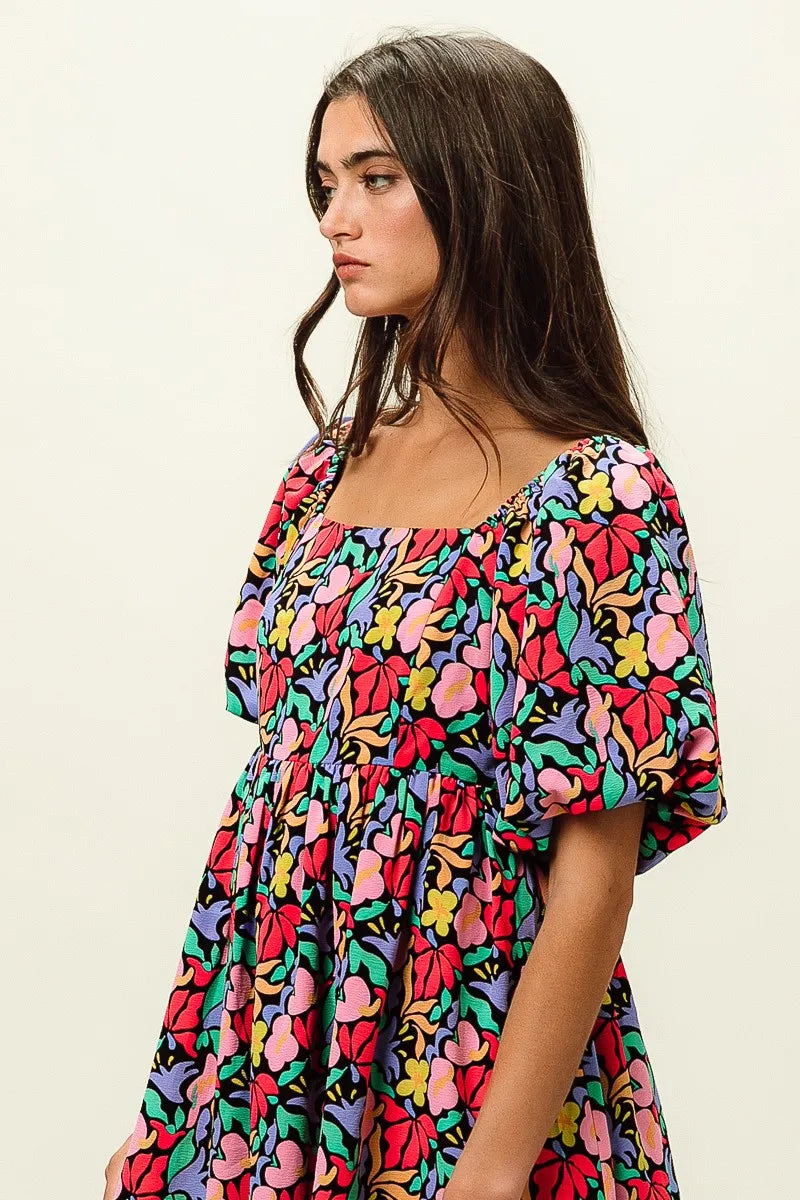 BiBi Floral Print Puff Square Neck Dress Trendsi