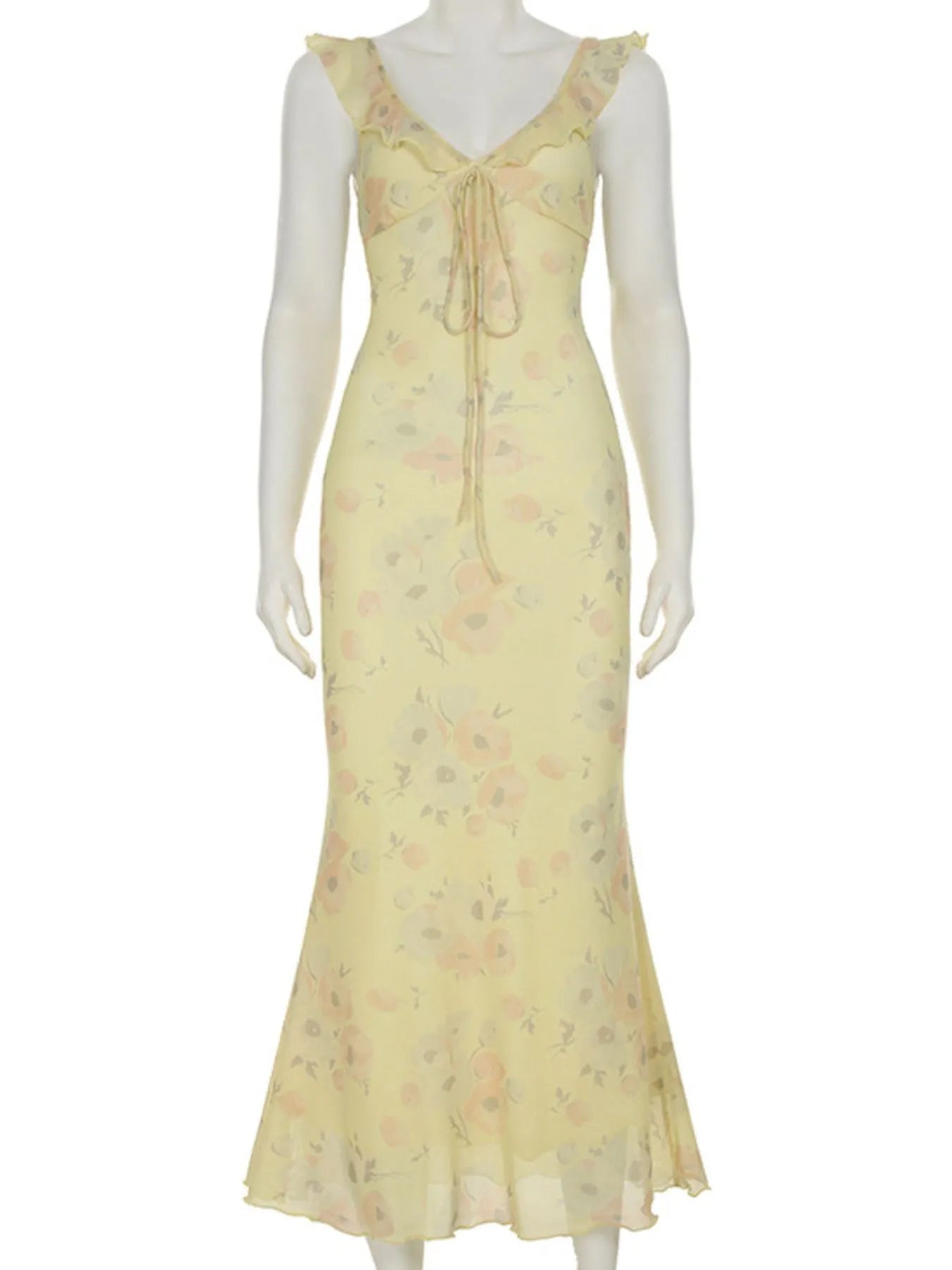 Printed Ruffle Cami Maxi Dress with Tie Front Detail.