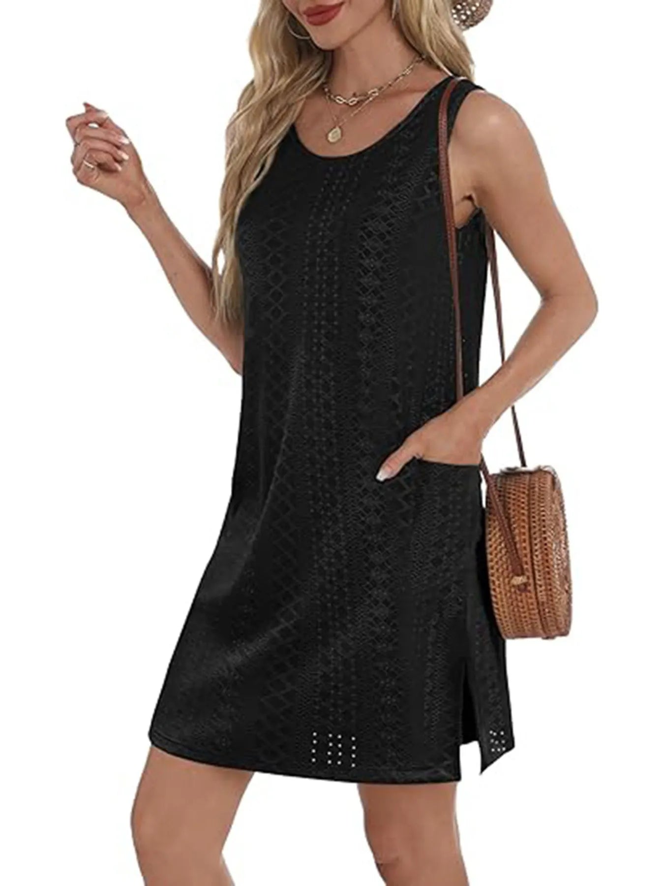 Side Slit Sleeveless Mini Tank Dress.