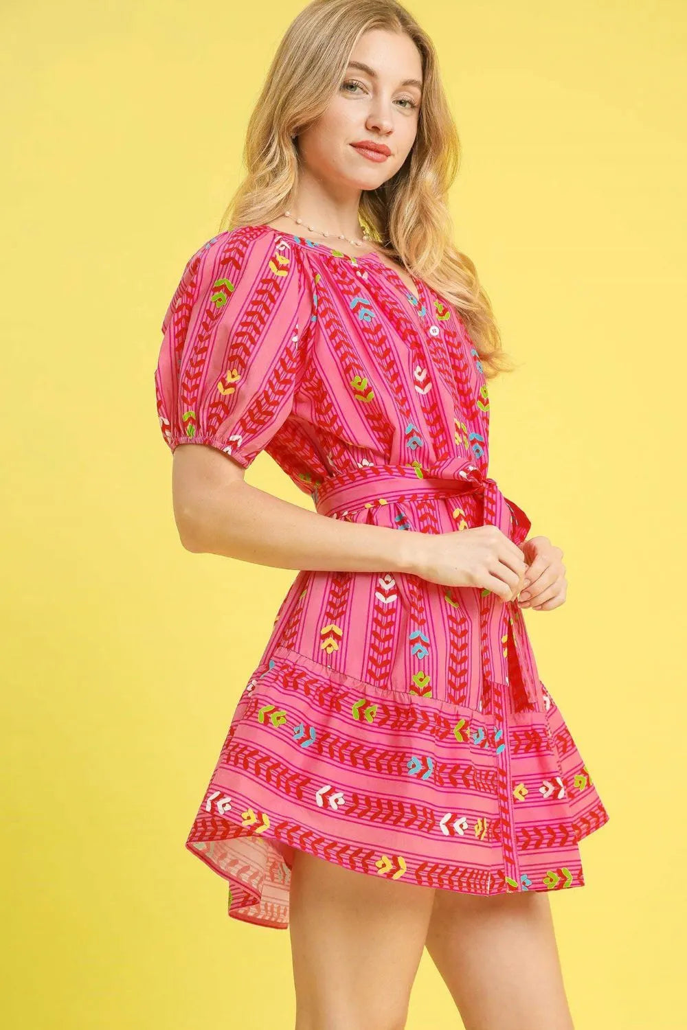 Umgee Printed Tie Waist Puff Short Sleeve Mini Dress.