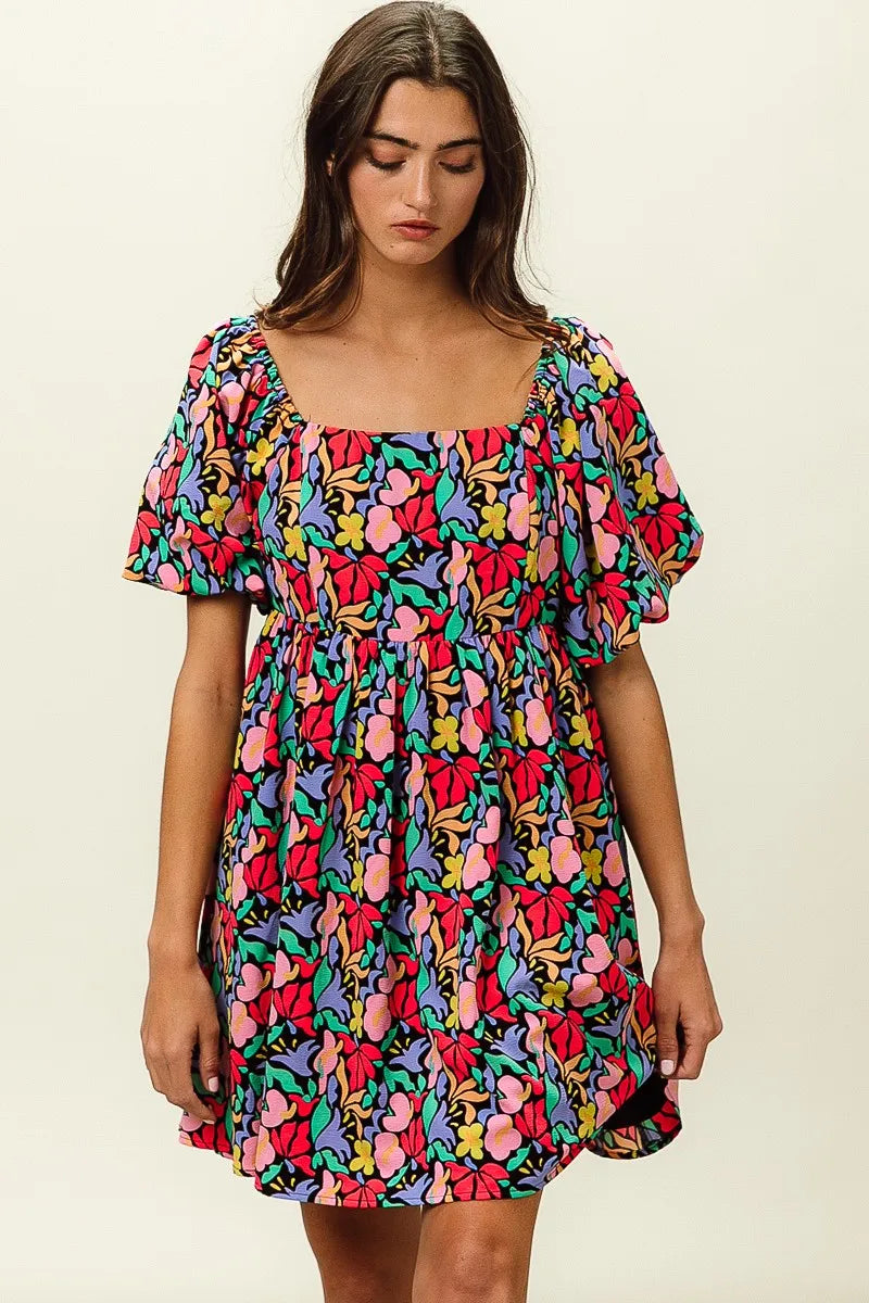 BiBi Floral Print Puff Square Neck Dress Trendsi