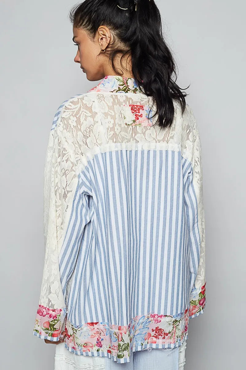 POL Lace Long Sleeve Striped Cardigan with Floral Patchwork Detail.