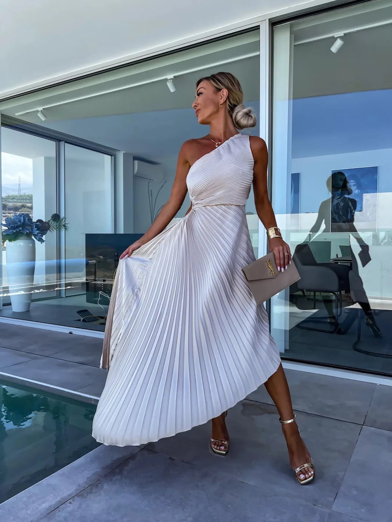 Full Size Single Shoulder Pleated Midi Dress Plus Size.