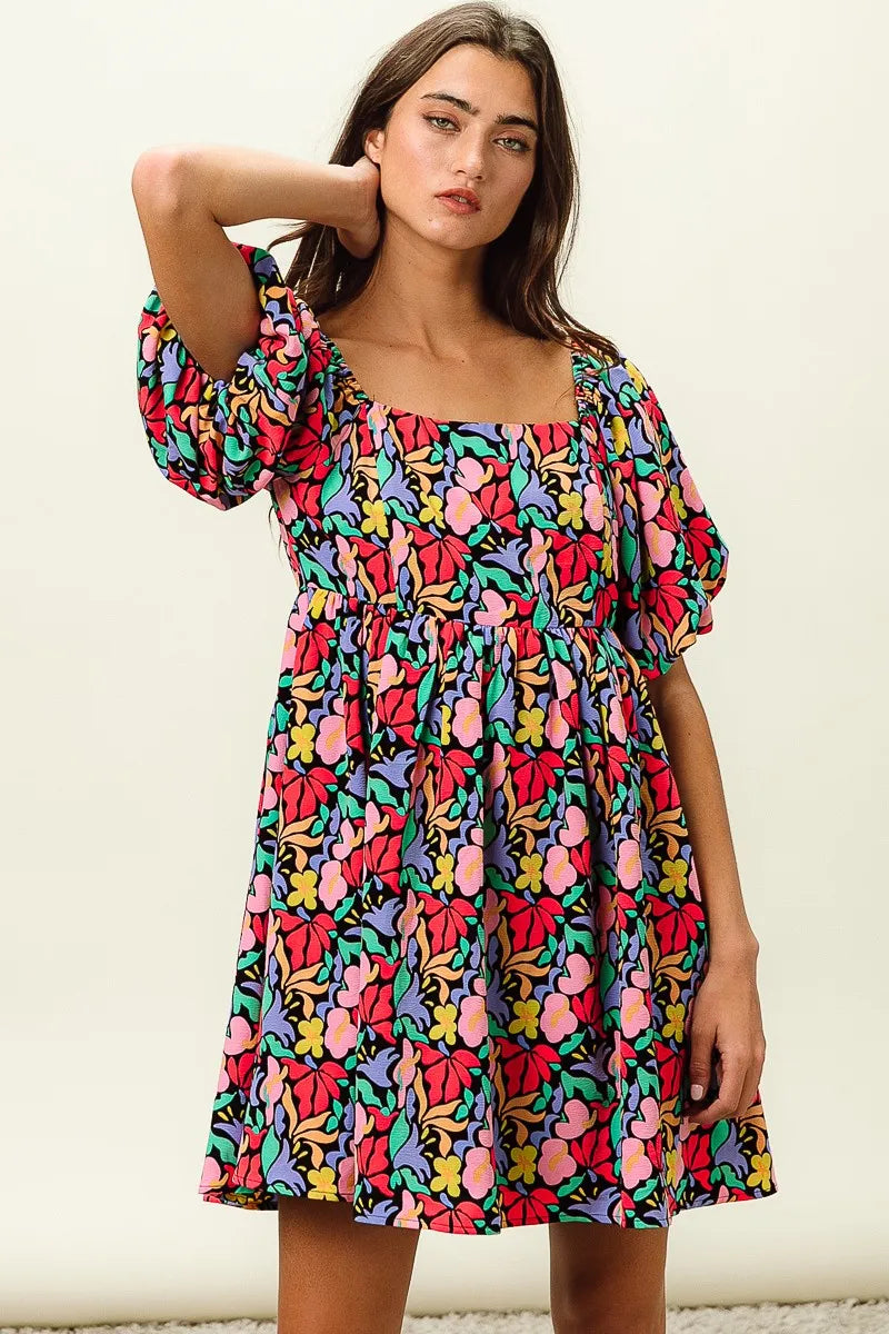BiBi Floral Print Puff Square Neck Dress Trendsi
