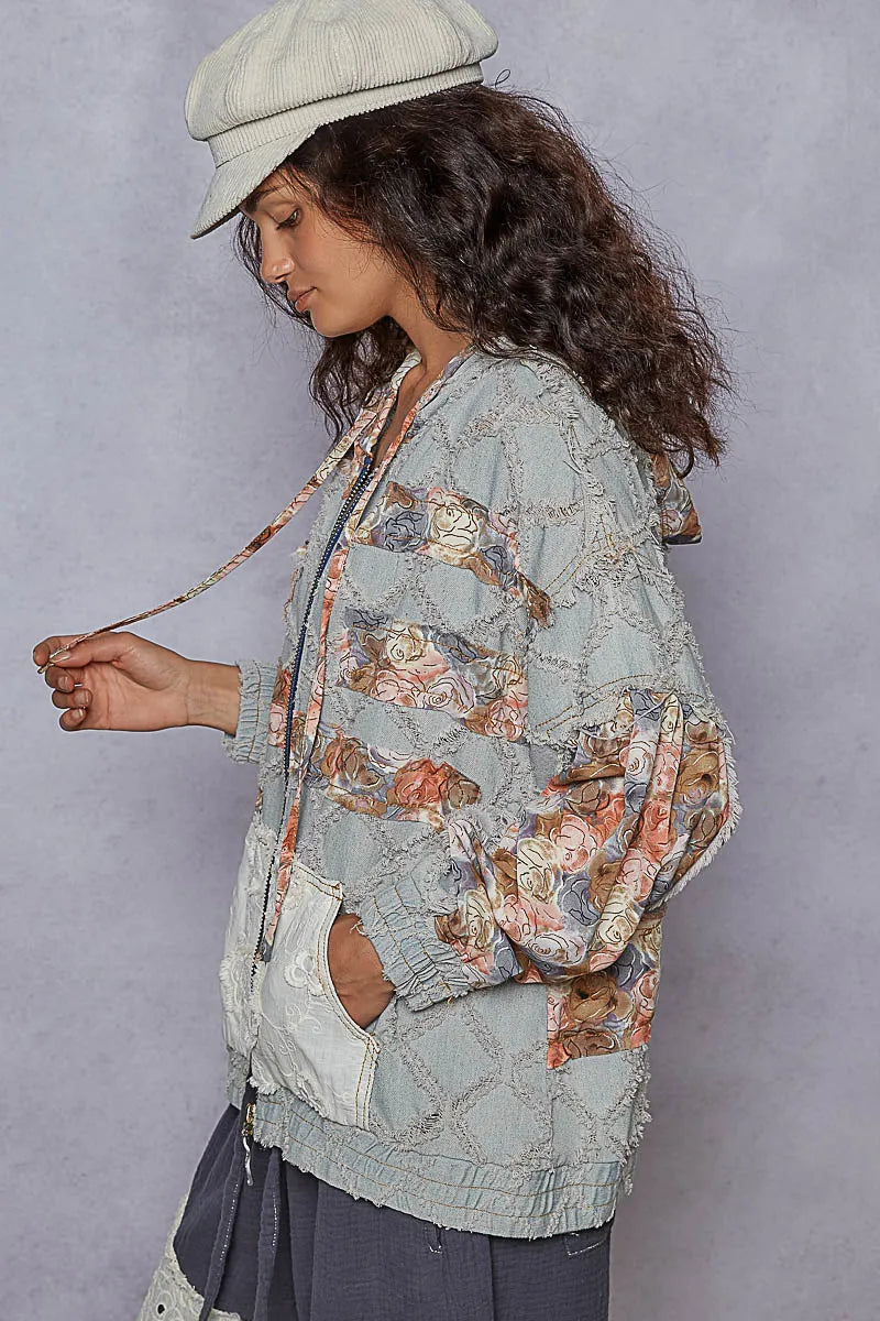 POL Zip Up Floral and Lace Patch Washed Denim Jacket.