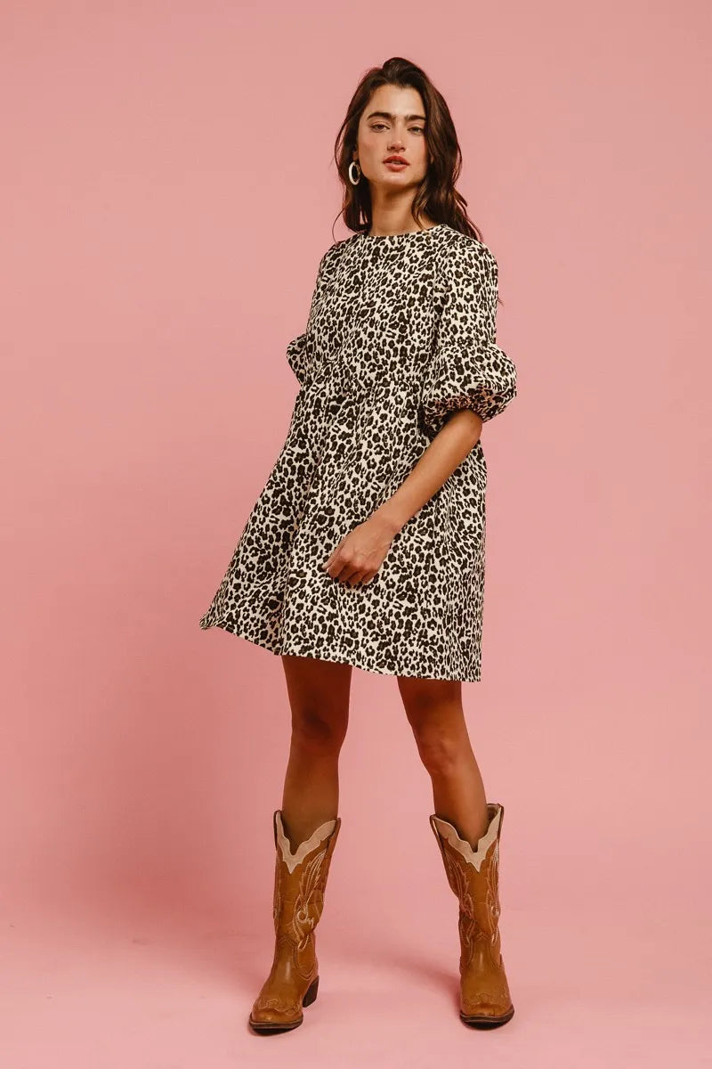 BiBi Leopard Denim Dress With Back Contrast Tie Detail Trendsi