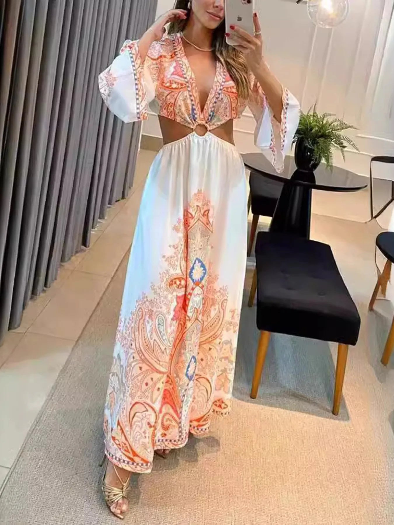 Paisley Print Cut-Out Maxi Dress.