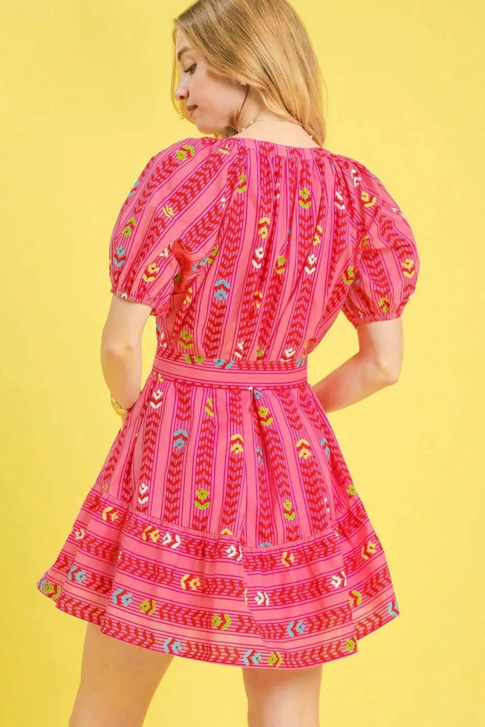 Umgee Printed Tie Waist Puff Short Sleeve Mini Dress.