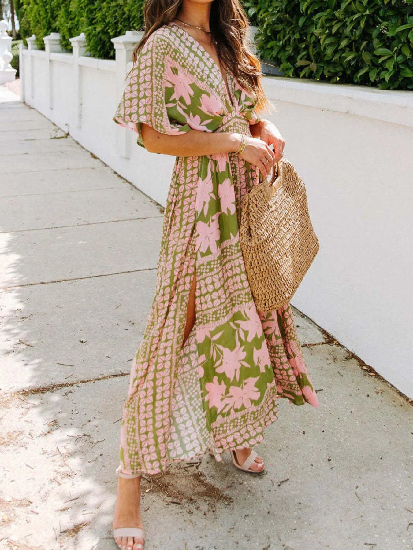 Floral Deep V-Neck Flutter Sleeves Dress.