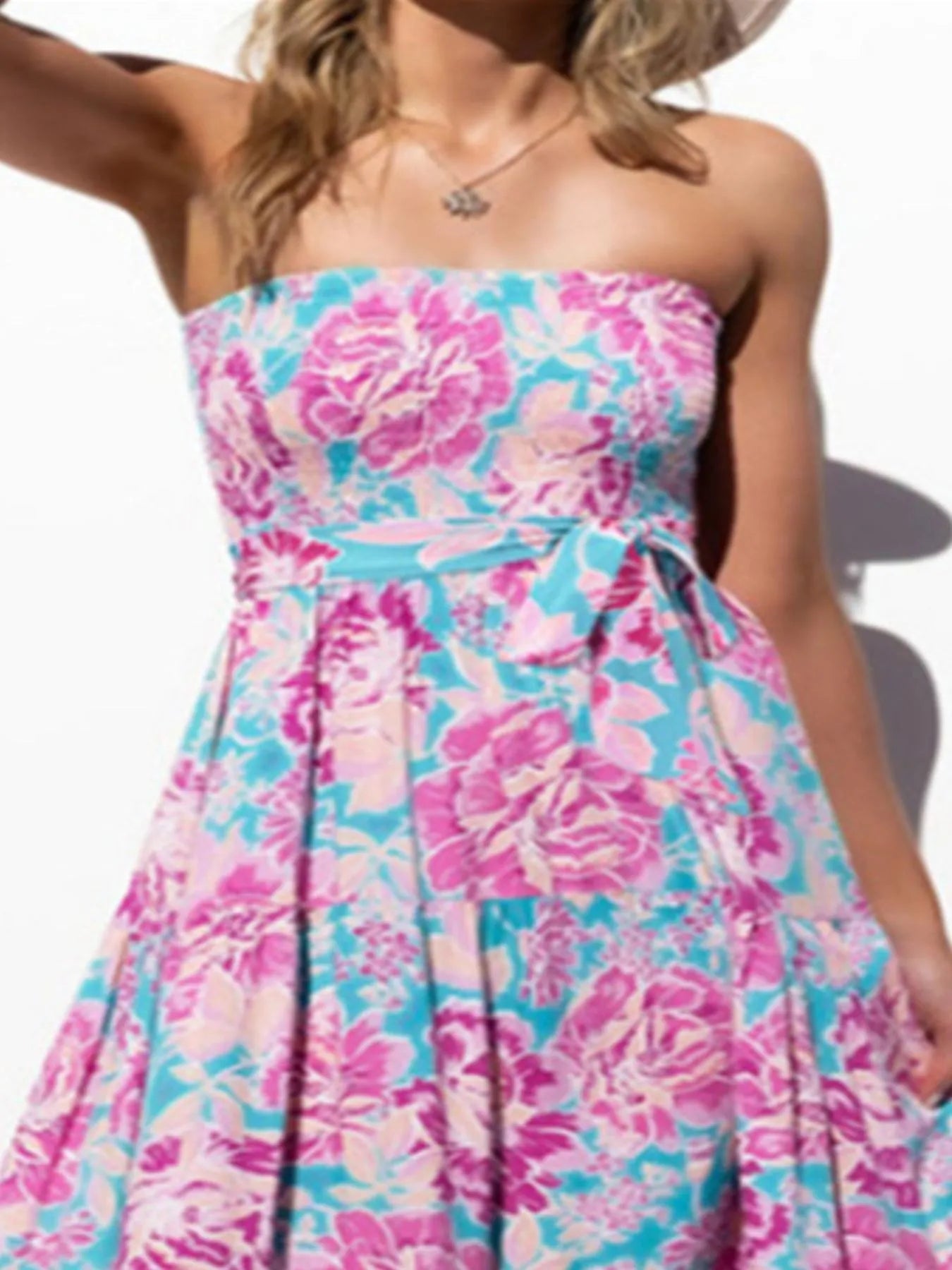 Floral Strapless Tiered Maxi Dress with Tie Belt.