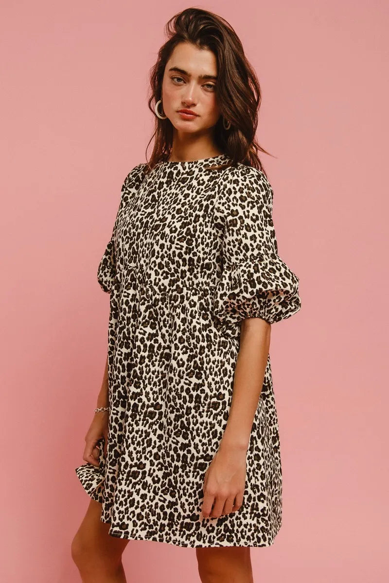 BiBi Leopard Denim Dress With Back Contrast Tie Detail Trendsi