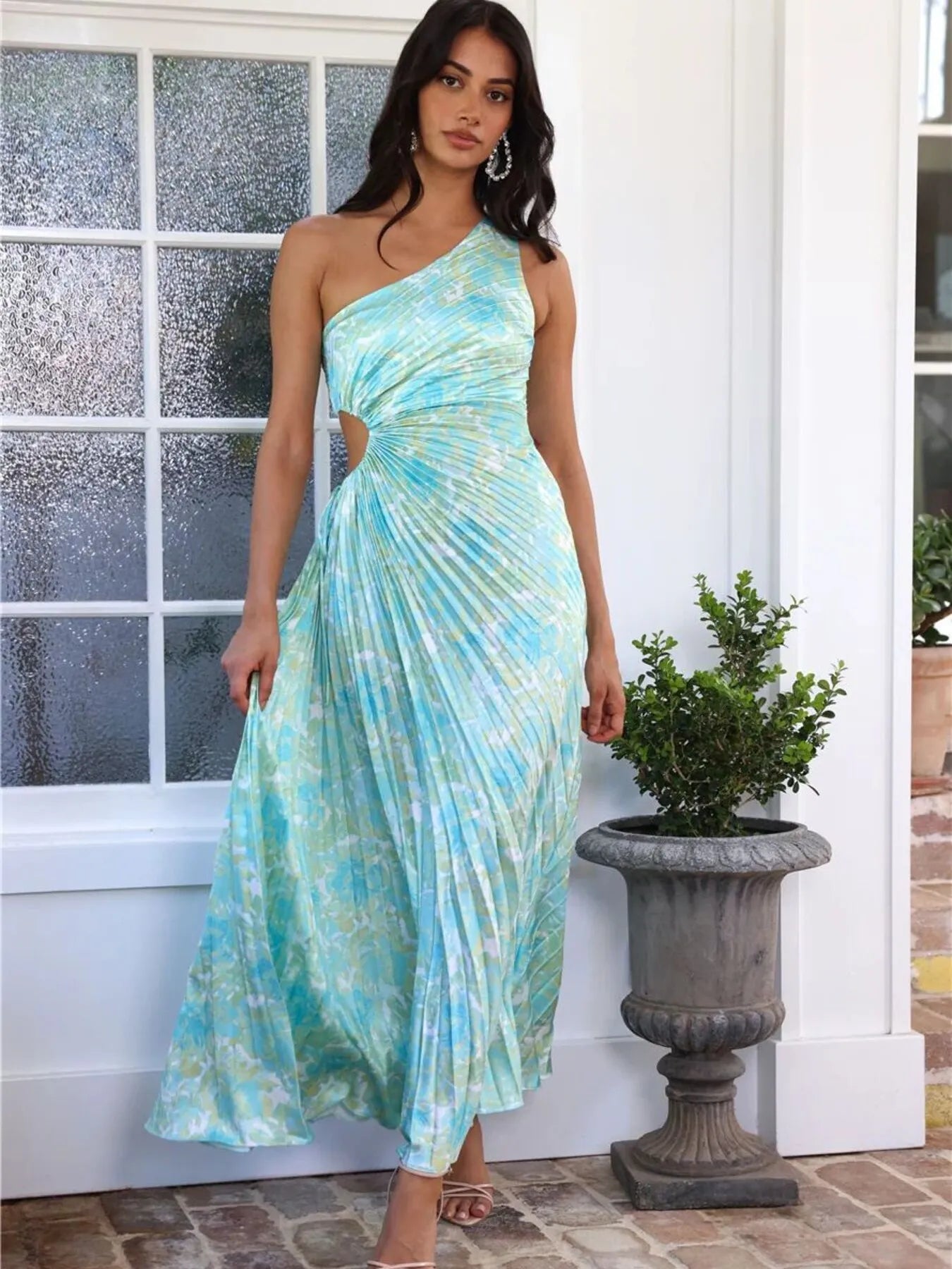 Full Size Single Shoulder Pleated Midi Dress Plus Size.