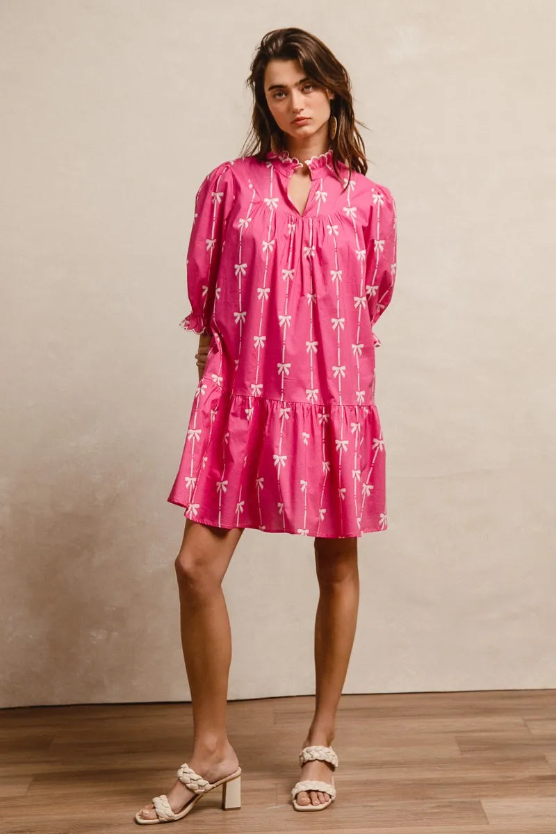 BiBi Ribbon Patterns With Scallops Edge Details Short Sleeve Dress Trendsi
