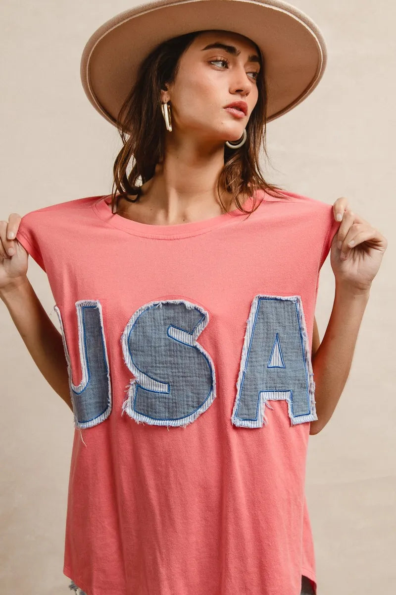 BiBi Washed Jersey With Usa Patched Raw Cut Edge Detail Trendsi