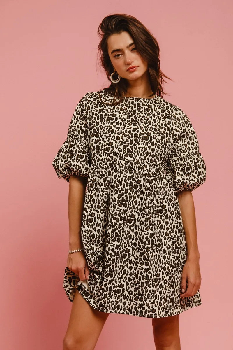 BiBi Leopard Denim Dress With Back Contrast Tie Detail Trendsi