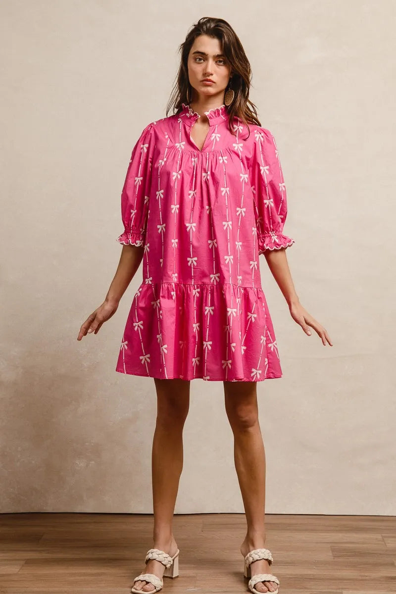 BiBi Ribbon Patterns With Scallops Edge Details Short Sleeve Dress Trendsi