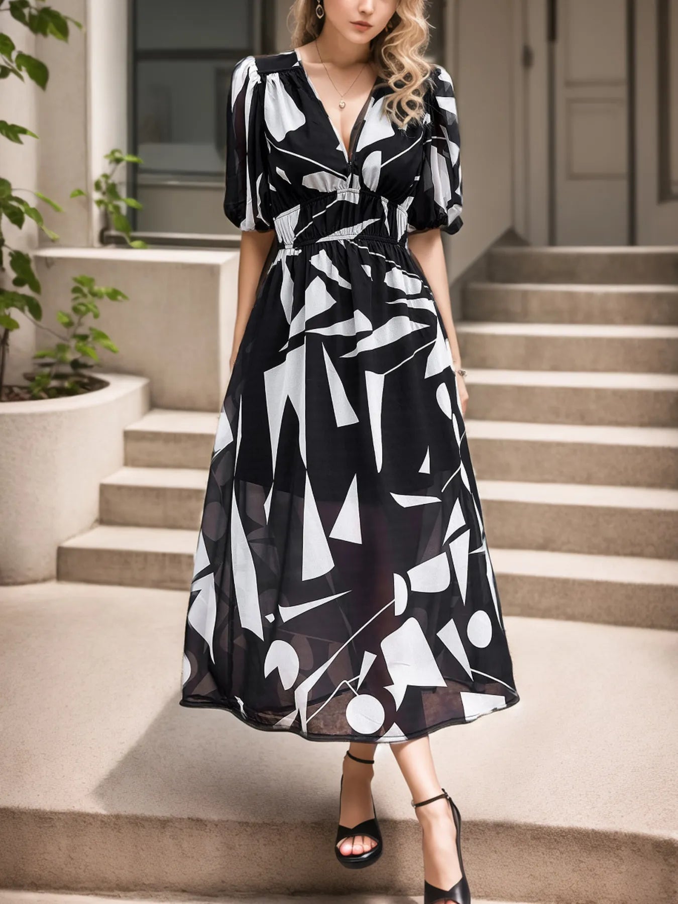 Printed Surplice Puff Sleeve Dress.