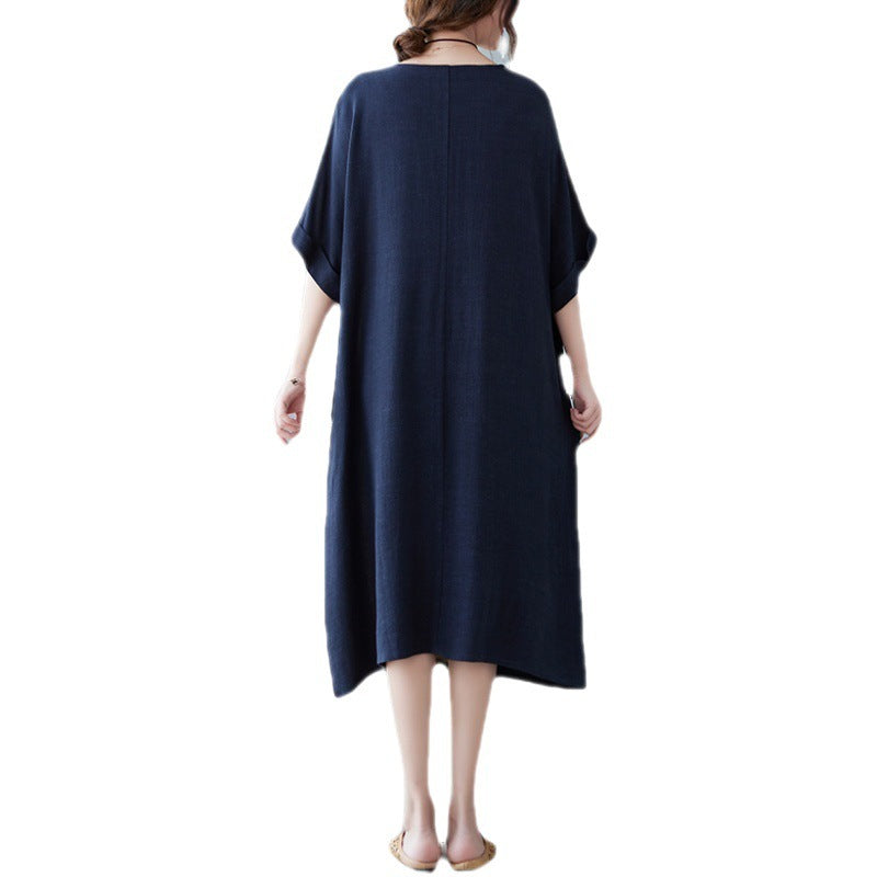 Cotton And Linen Loose Half Sleeve Contrast Paneled Dress