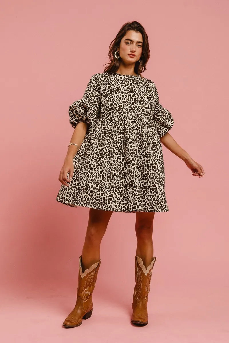 BiBi Leopard Denim Dress With Back Contrast Tie Detail Trendsi