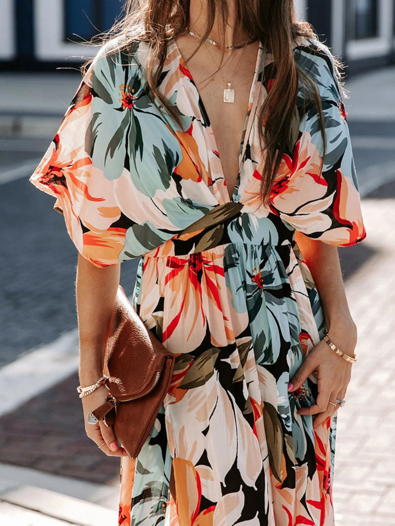 Floral Deep V-Neck Flutter Sleeves Dress.