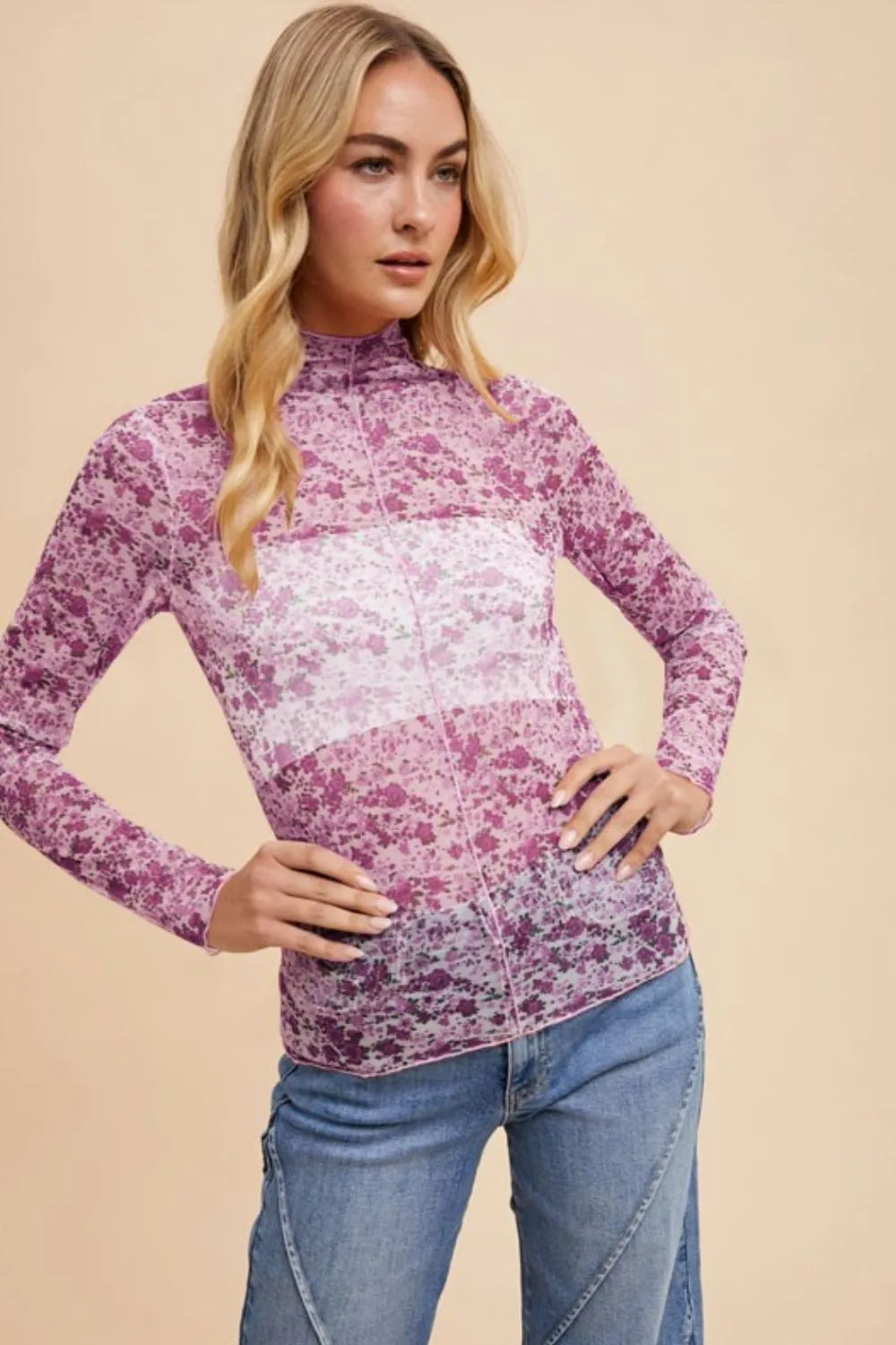 Annie Wear Floral Lettuce Hem Sheer Mesh Top.