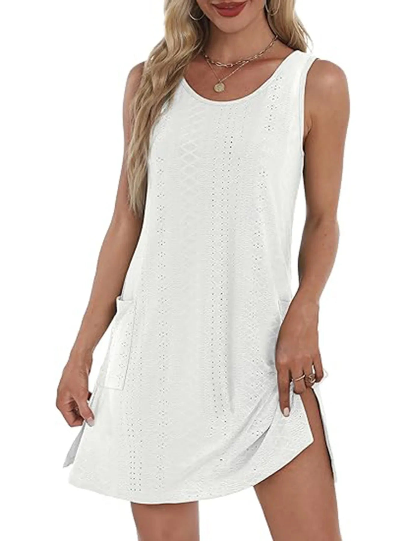 Side Slit Sleeveless Mini Tank Dress.
