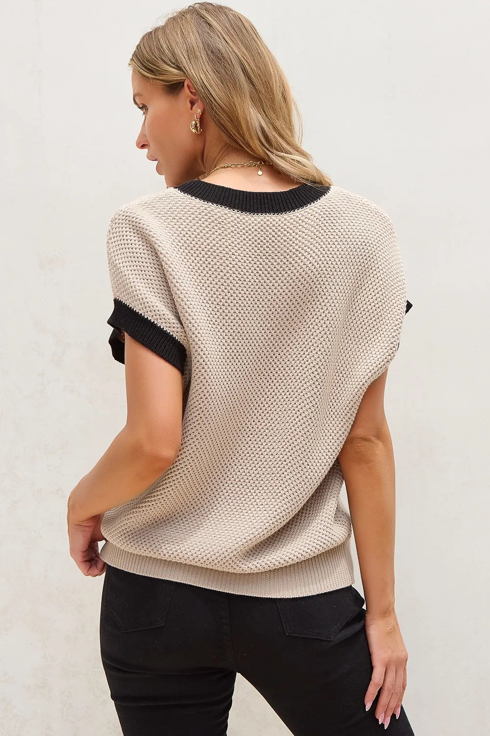 Textured Knit Sweater with Contrast Trim Details.