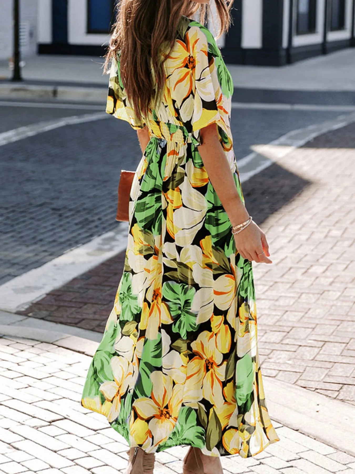 Floral Deep V-Neck Flutter Sleeves Dress.