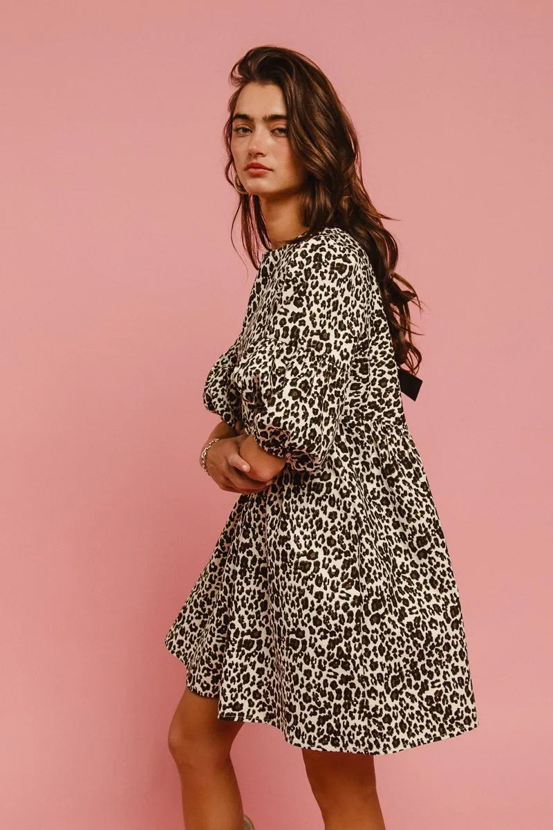 BiBi Leopard Denim Dress With Back Contrast Tie Detail Trendsi