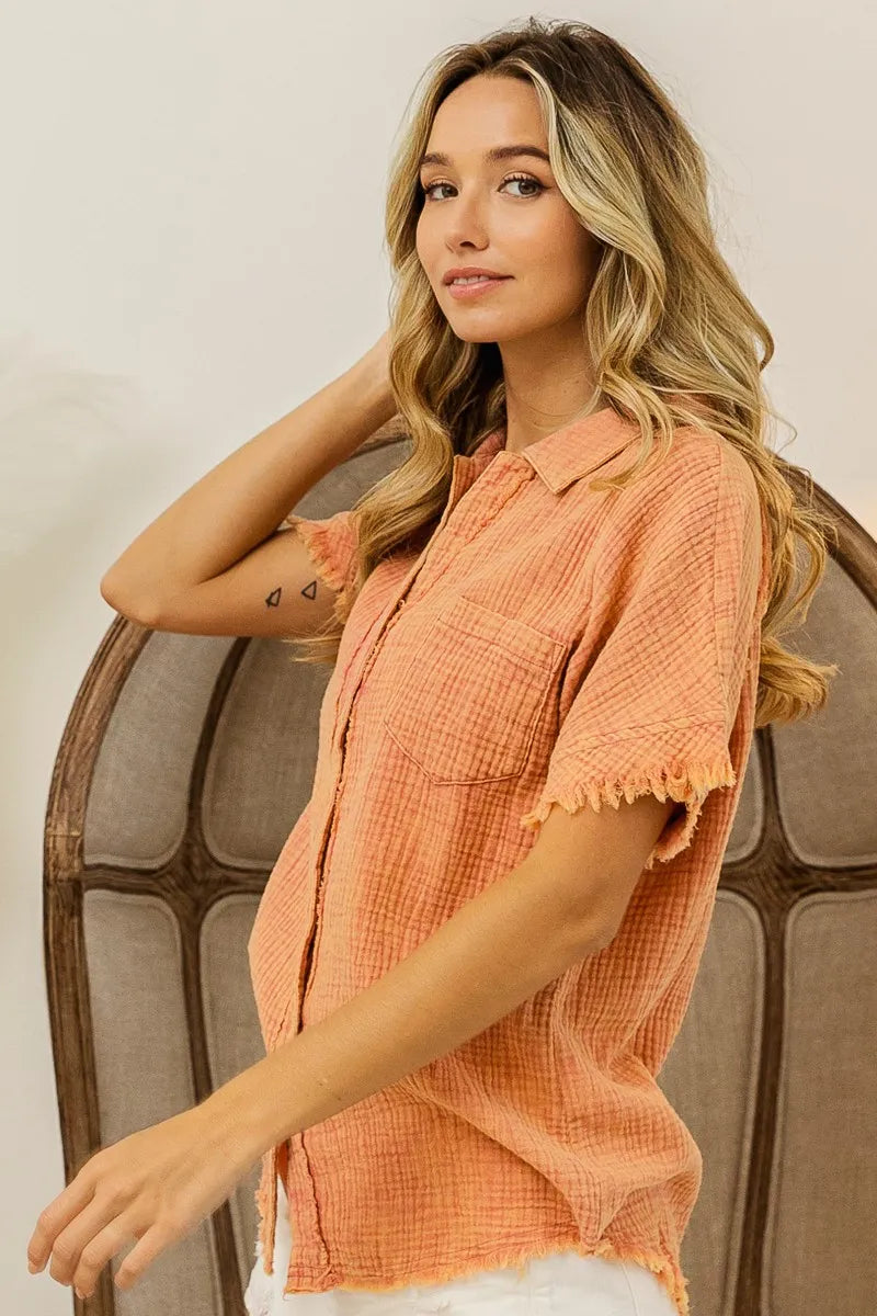 BiBi Mineral Washed Buttoned Up Shirt Top Trendsi