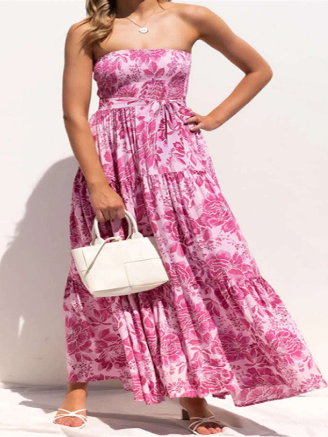 Floral Strapless Tiered Maxi Dress with Tie Belt.