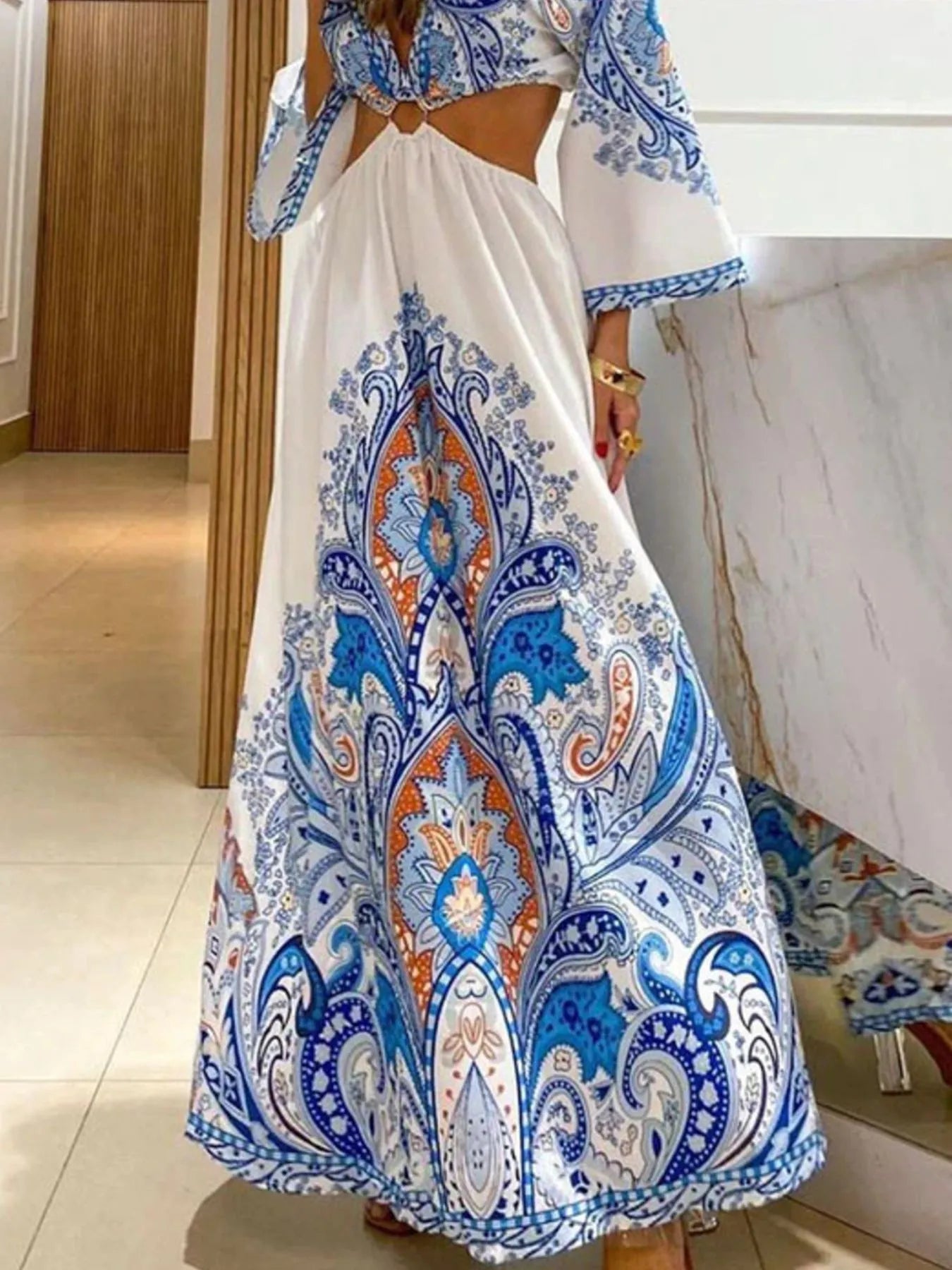 Paisley Print Cut-Out Maxi Dress.