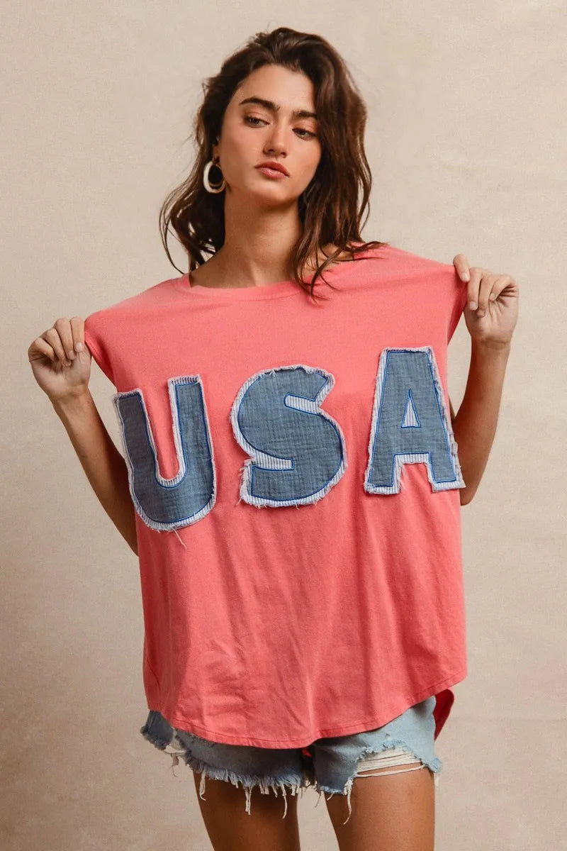 BiBi Washed Jersey With Usa Patched Raw Cut Edge Detail Trendsi
