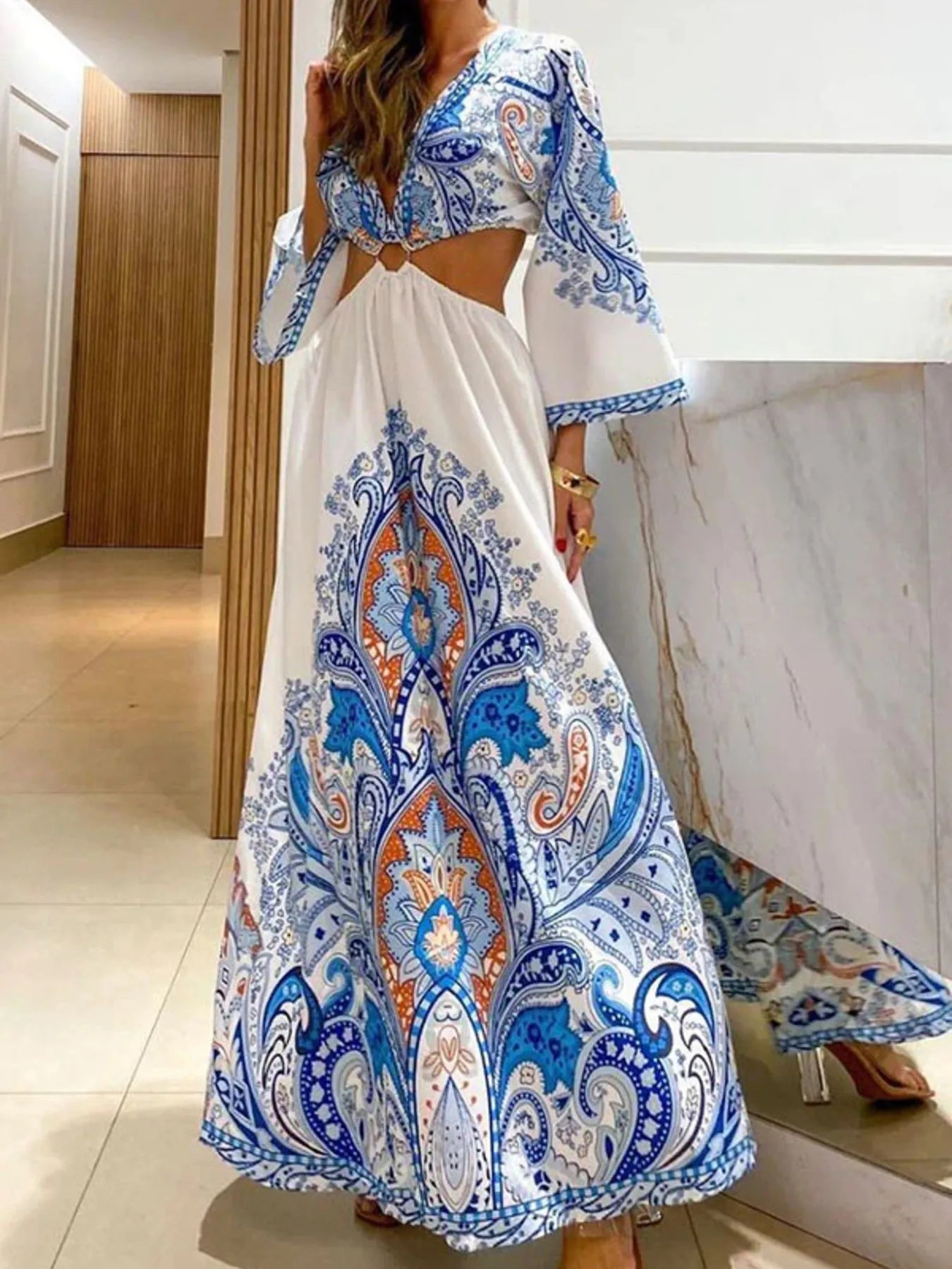 Paisley Print Cut-Out Maxi Dress.