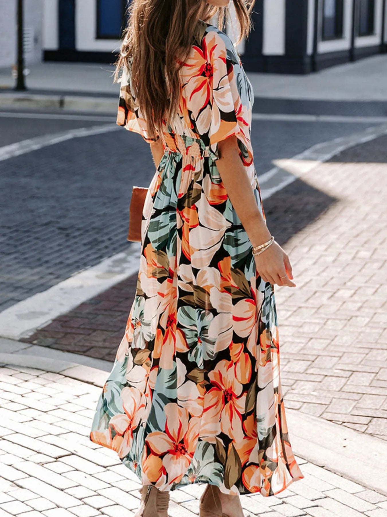 Floral Deep V-Neck Flutter Sleeves Dress.