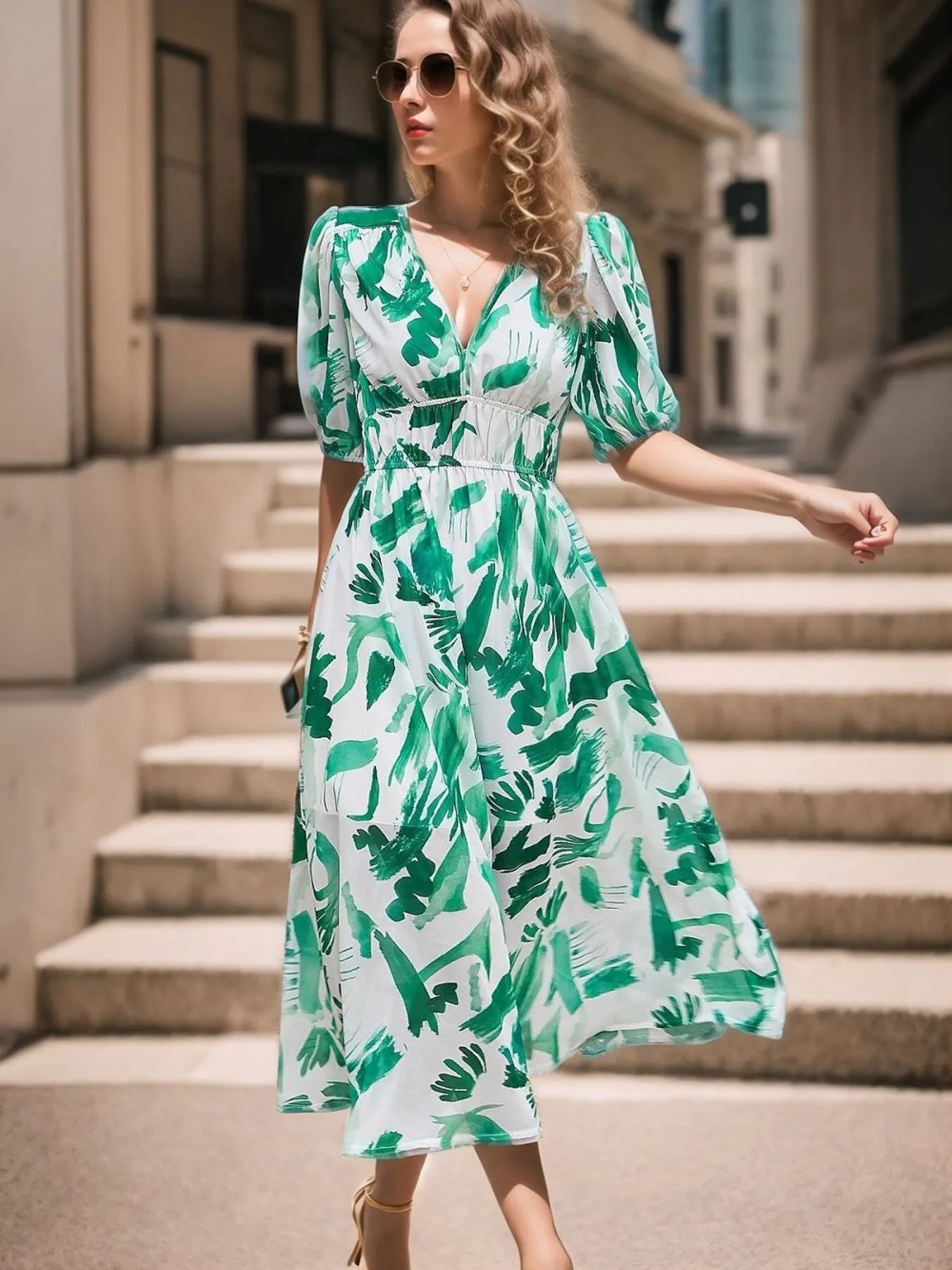 Printed Surplice Puff Sleeve Dress.