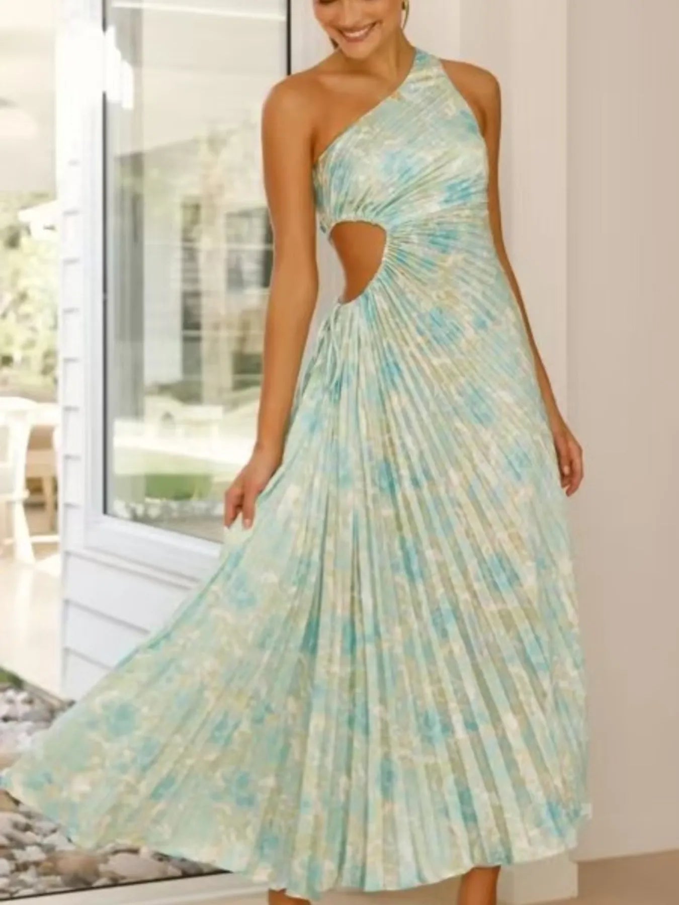 Full Size Single Shoulder Pleated Midi Dress Plus Size.