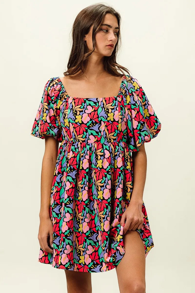 BiBi Floral Print Puff Square Neck Dress Trendsi