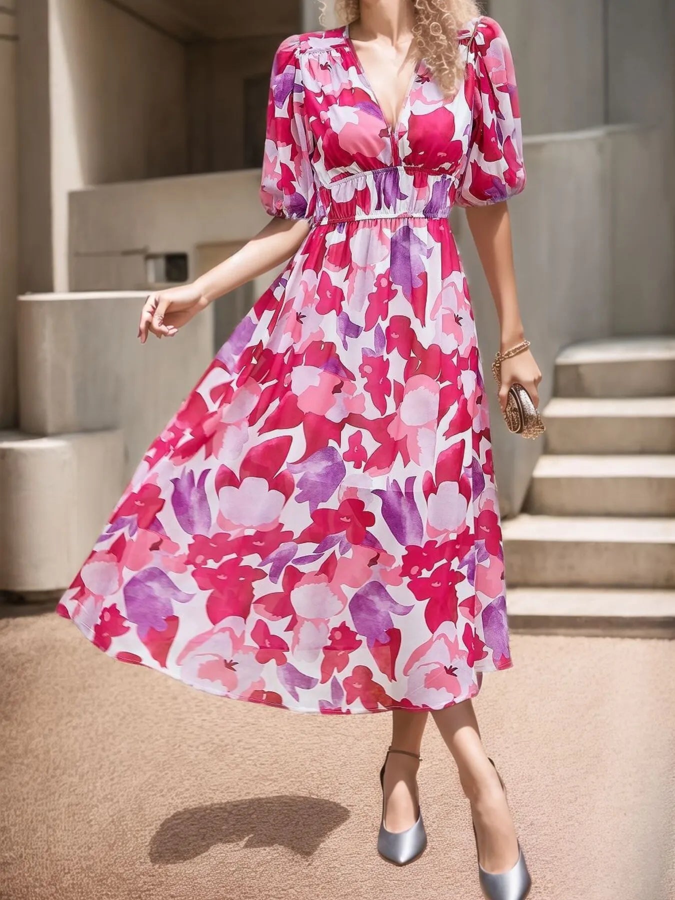 Printed Surplice Puff Sleeve Dress.